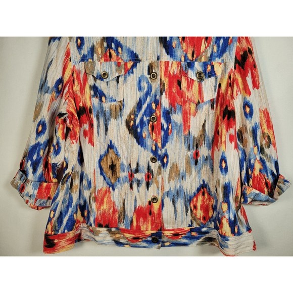 Chico's Sz 3 Linen Blend Jacket Aztec Southwest Button Front 3/4 slv Size 16-18 - Picture 3 of 6